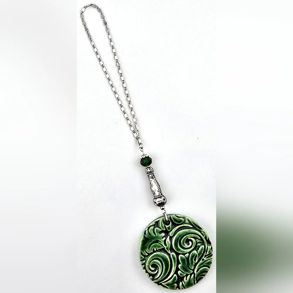 Handmade Kiln Fired Green Ceramic Beaded Christmas Ornament with Silver Chain